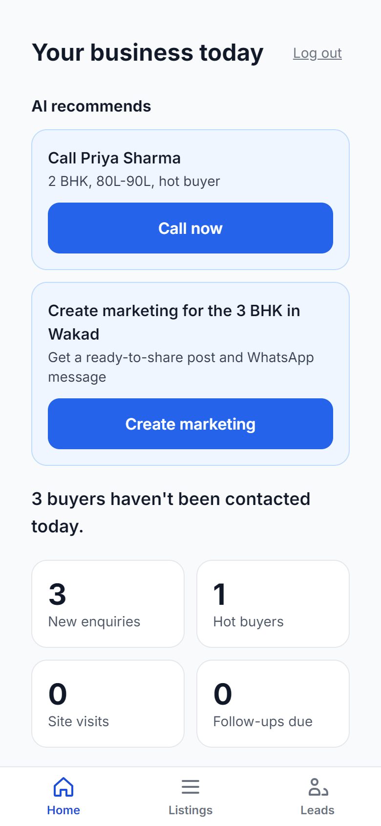 Phone screen "Your business today" with a suggested call to a hot buyer, a suggestion to create marketing for a 3 BHK in Wakad, and counts of new enquiries, hot buyers, site visits and follow-ups due.
